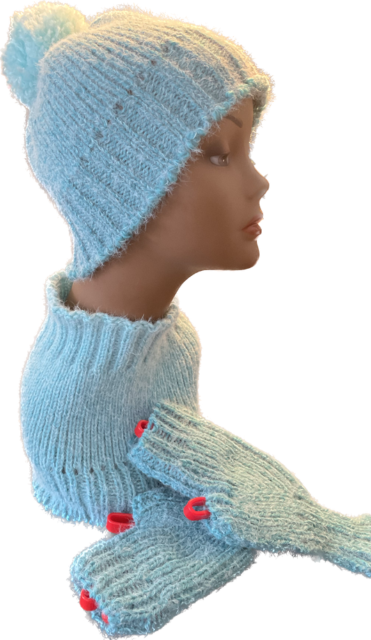 Hat, neck warmer, fingerless gloves set